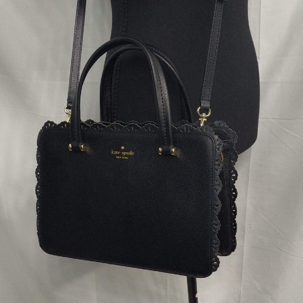 Kate Spade Fordham Court Marielle black leather satchel with lace cutout trim - Picture 3 of 16